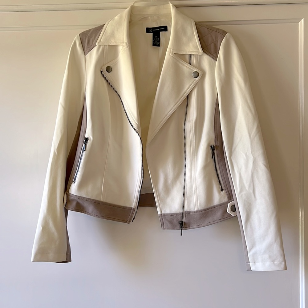 INC tan and cream Moto-style jacket